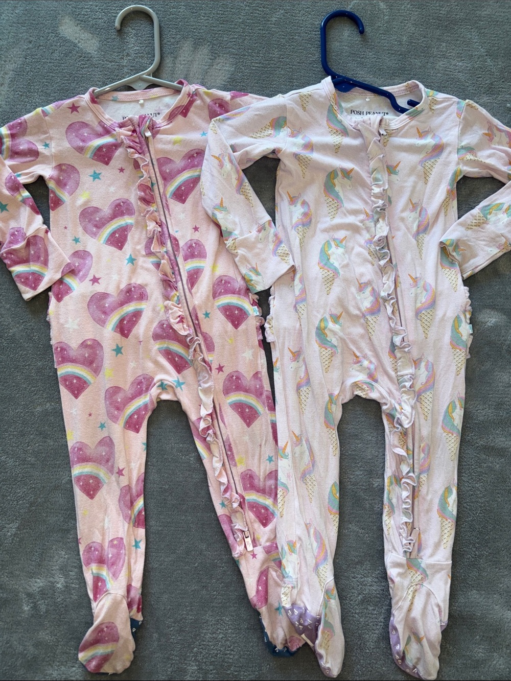 Posh Peanut unicorn hearts ruffle footie rompers pajamas sleepers bamboo 6-9 mo